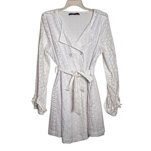 Hazel Anthropologie White Eyelet Trench‑Style Belted‎ Dress Size XL